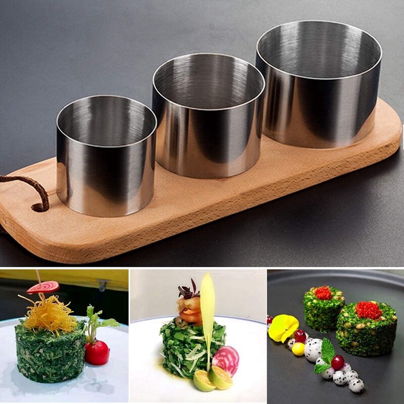 4PCS Stainless Steel Round Cold Dish Mold with Push Plate Kitchen Hotel Dish Tool Salad Plate Fried Rice Forming Mold