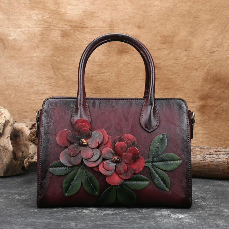 Johnature sac à main fait main Vintage femmes grand sac grande capacité en cuir souple épaule sacs de messager cabas décontracté pour femme: Foncé Rouge