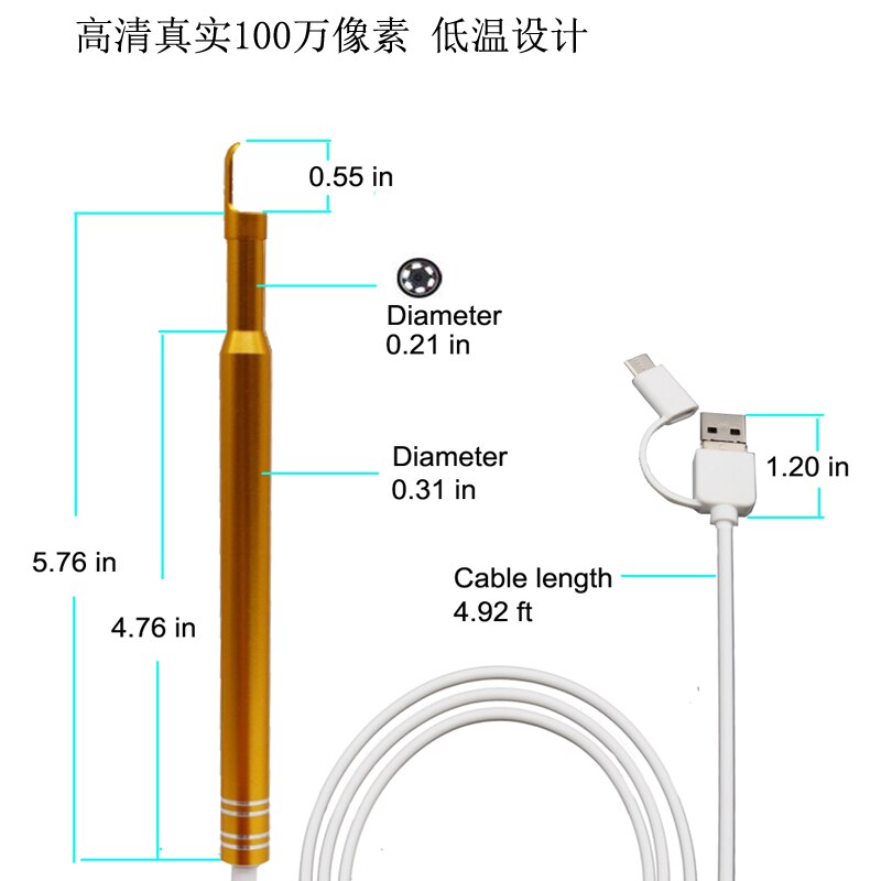 USB Ear Cleaning Tool HD Visual Ear Spoon Multifunctional Earpick With Mini Camera Pen Ear Care In-ear Cleaning Endoscope: gold