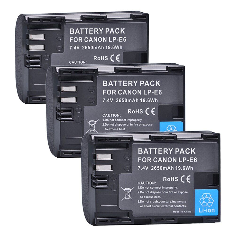 2650 mah lp -e6 lp-e6n batteri + lader for canon eos 6d 7d 5d mark ii iii  iv 5d 60d 60da 70d 80d 90d 5ds r5 r6 xc10 xc15: 3 batterier