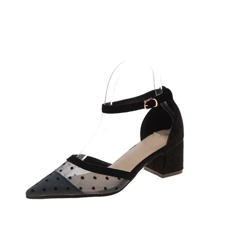 Mcckle skor dam pumps kvinnlig mesh spetsig tå polka dot skor ankel spänne rem andas högklackat casual dam skor: Grå / 6