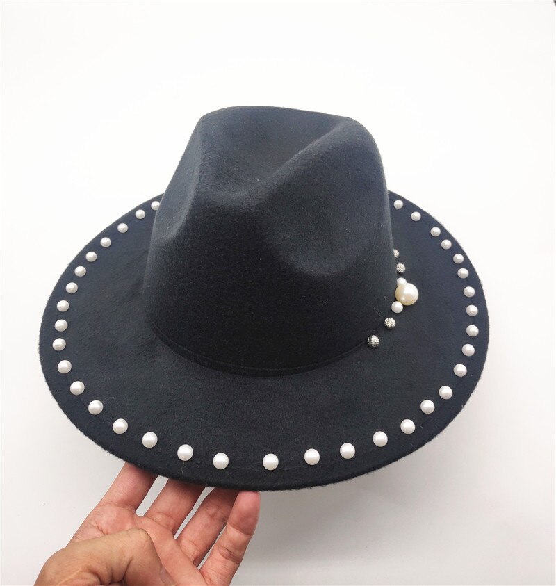 Vinter efterår kvinder afslappet uld bowler hatte panama kasketter til cowboy stor skygge beaded rhinestone jazz hatte gorros: Default Title