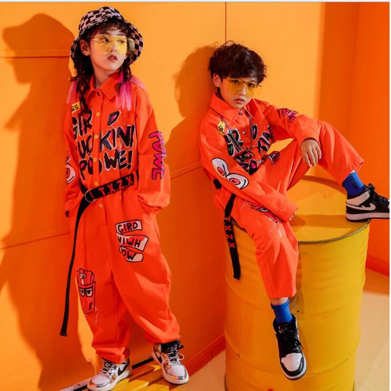 Los niños de manga corta fresca Hip Hop ropa mono naranja Mono para niñas niños traje de baile de Jazz de baile ropa