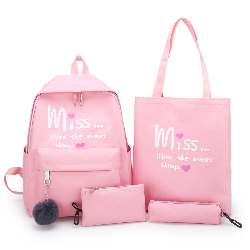 4 pçs/set Escola Mulheres Mochilas Estudante Livro Saco de Nylon Mochila Para Adolescentes Meninas Meninos Pacotes De Viagem: Rosa