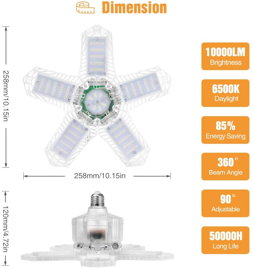 10000LM Led Garage Licht E26/E27 Vervormbare Plafondlamp Magazijn Verlichting Lamp Met 5 Verstelbare Panelen Voor Home Workshop: 1pcs Clear