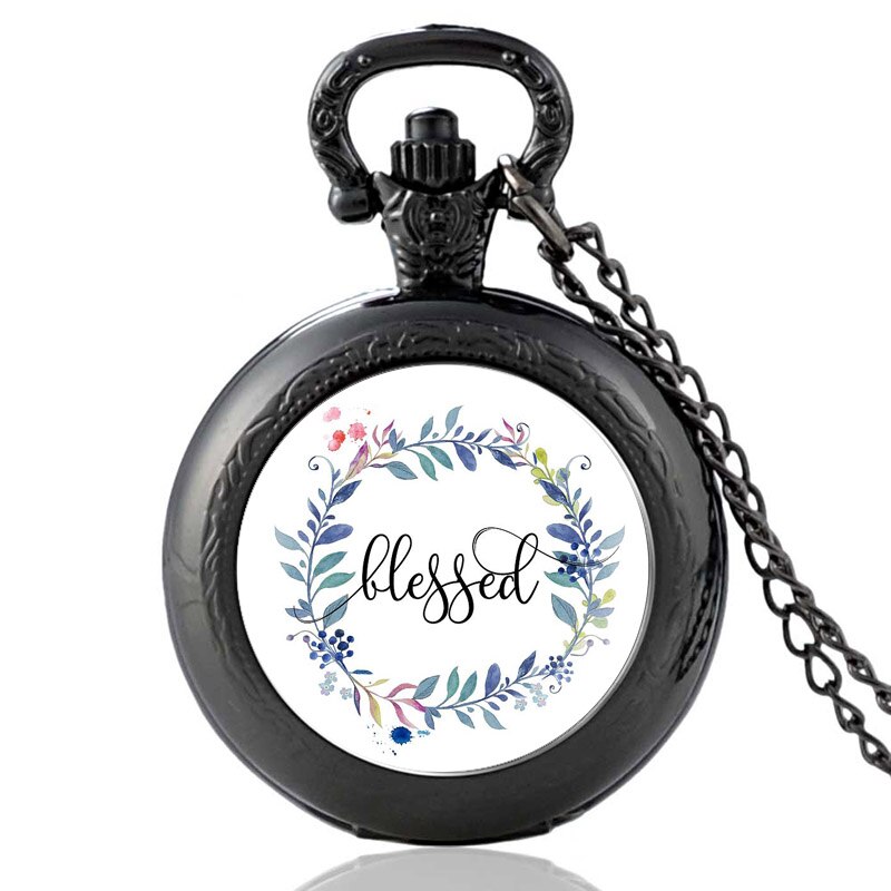 Klassisk bibelvers vintage kvarts fickur män kvinnor charm hänge halsband timmar klocka: Svart