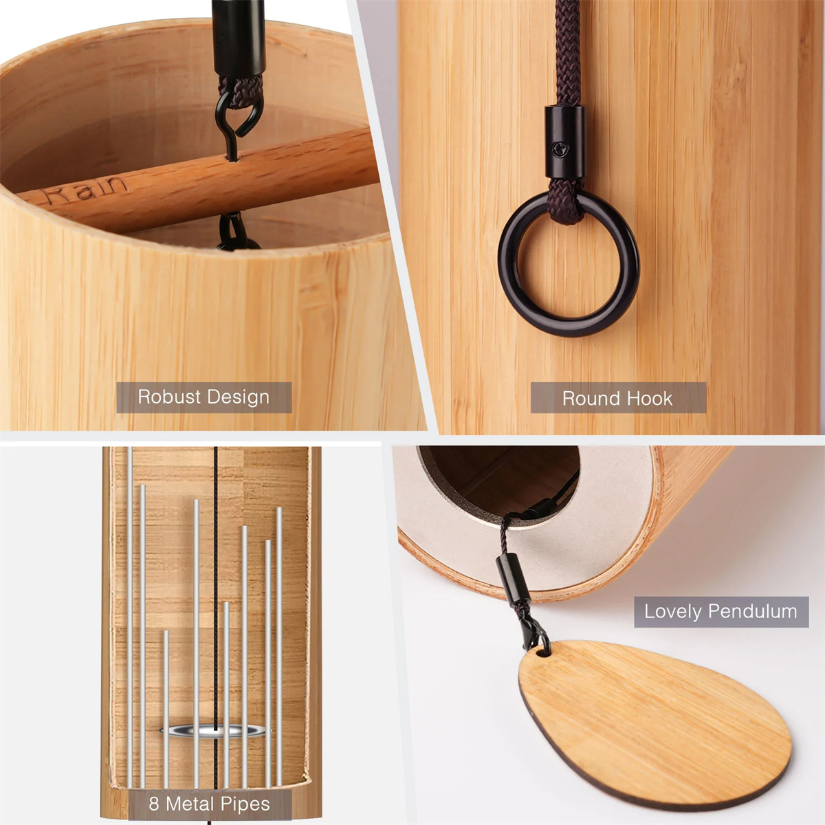 Conjunto de sinos de vento de bambu, sinos de vento, 8 hastes de tom, para jardim ao ar livre, pátio, decoração de casa, meditação, relaxamento