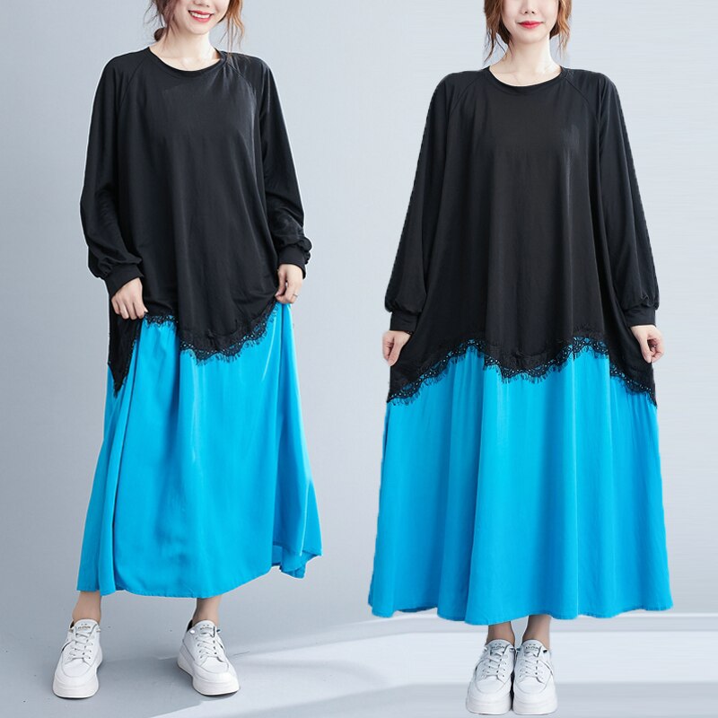 Dimanaf outono plus size vestido feminino a linha de renda emendado vestidos femininos elegante senhora vestido solto manga comprida vestido roupas: Tamanho Único