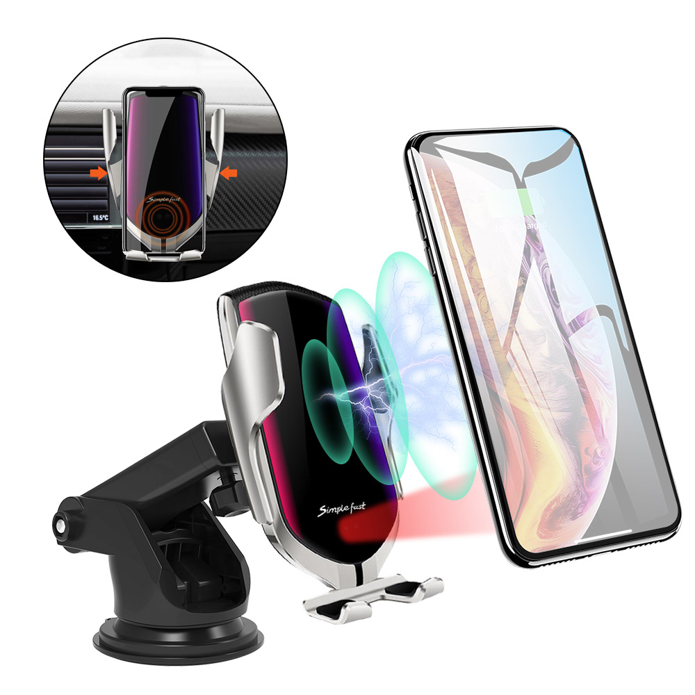 Automatische Spannen 10W Qi Auto Draadloze Oplader Voor iPhone 11 Pro X Xs MAX Infrarood Inductie Snelle Charger Stand auto Telefoon Houder: 2 in 1 Silver