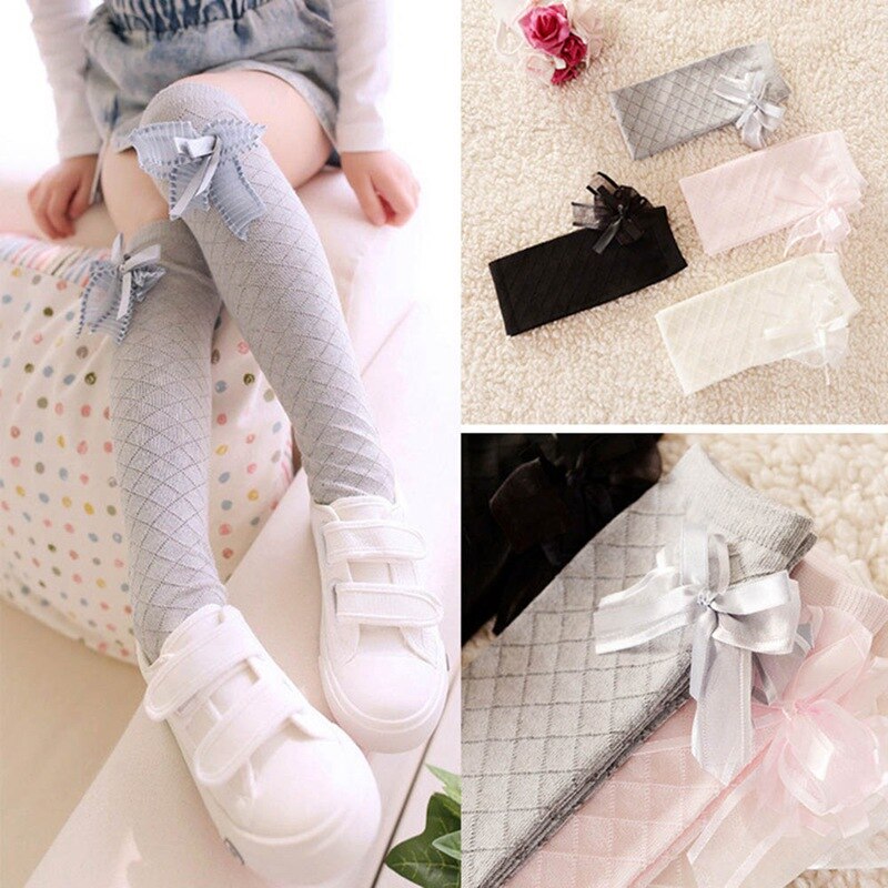 Baby Girls Knee High Socks For Children Princess Leg Warmers Cute Mesh Lace Bows Solid Cotton Girl Long Tube Kids Socks
