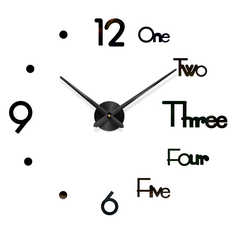 Reloj de pared grande 3D DIY, pegatinas decorativas de espejo acrílico, aguja de cuarzo, Horloge, decoración del hogar: Black