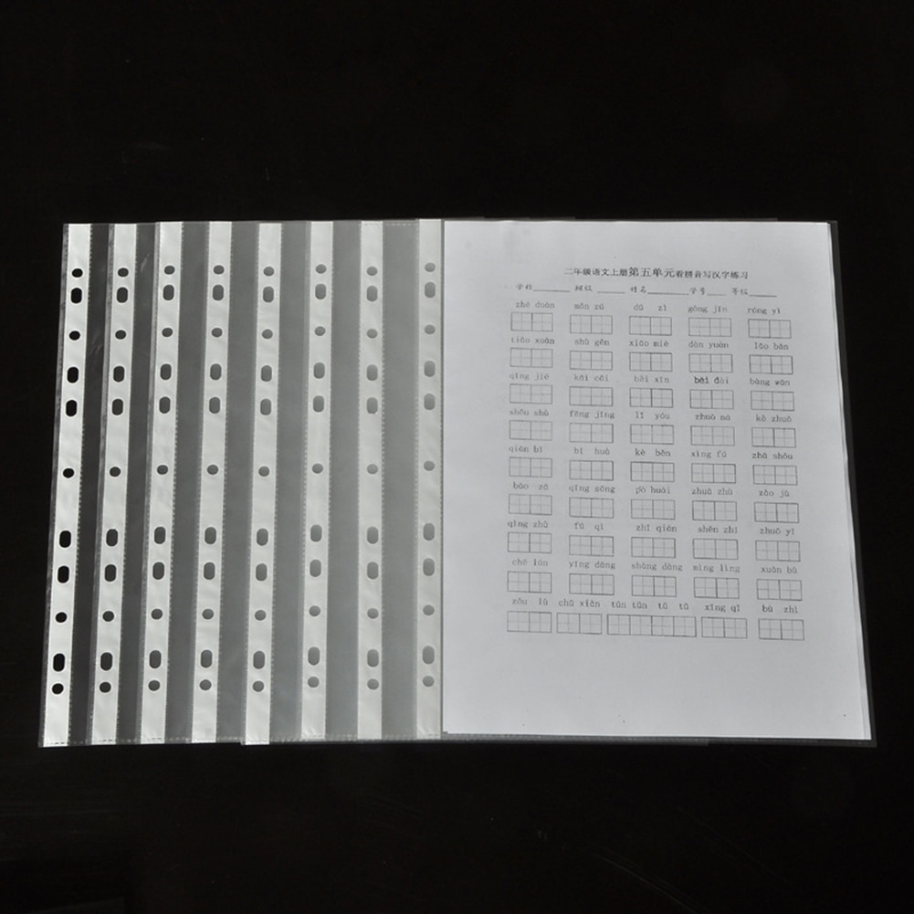 100 Pcs/Set A4 Plastic Punched Pockets Folders Filing 11 Holes Loose Leaf Documents Sheet Protectors Transparent Folder Bag
