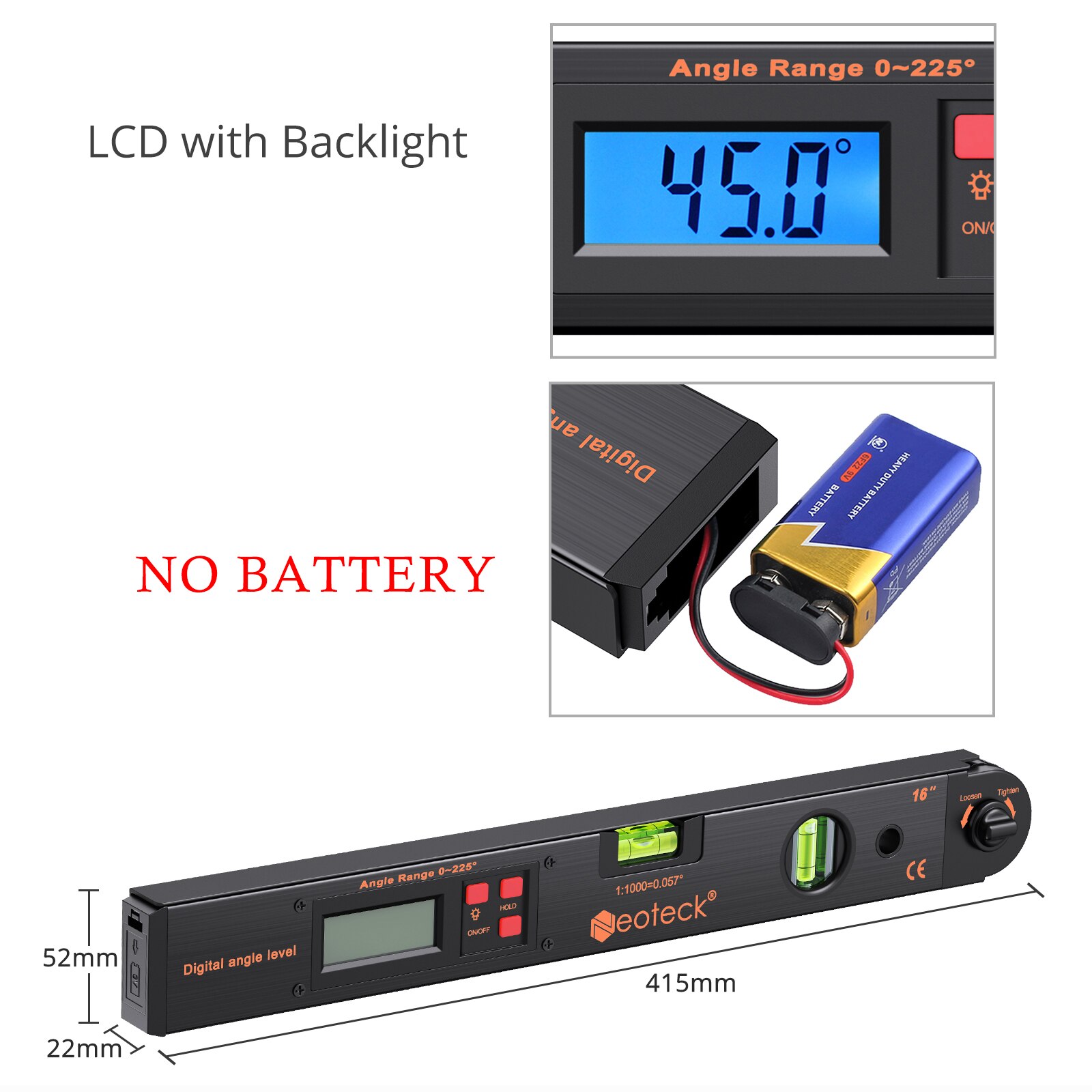 Digital Protractor Angle Finder Gauge Meter 225 Degree Electronic Goniometer Horizontal Vertical Angle Level Test Ruler 400mm