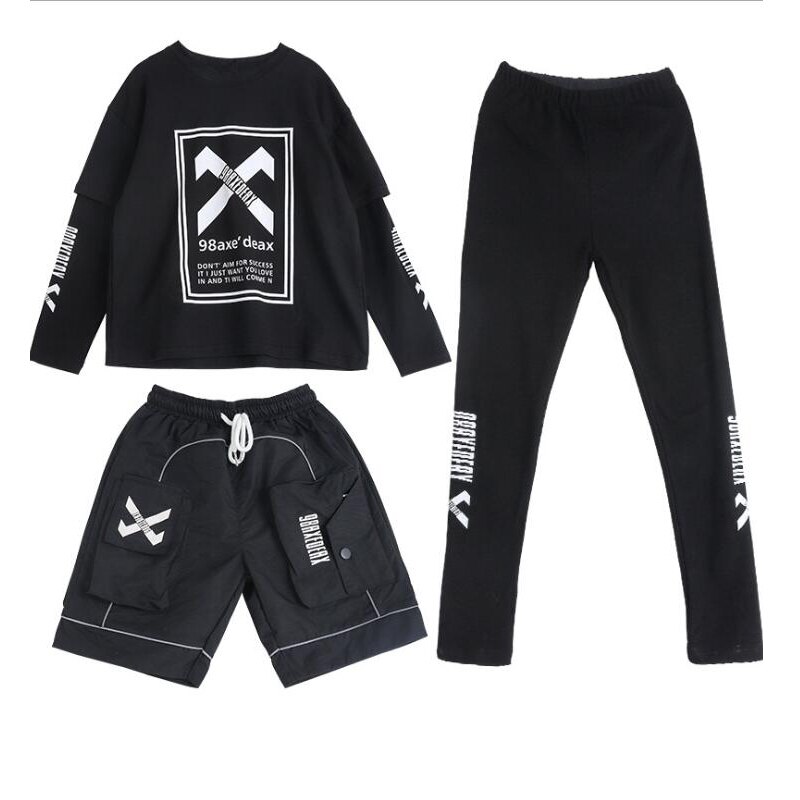 Ropa de baile de Hip Hop para niños, sudadera holgada, Tops, ropa de calle, pantalones cortos, ropa de baile, disfraz, 3 piezas: 110