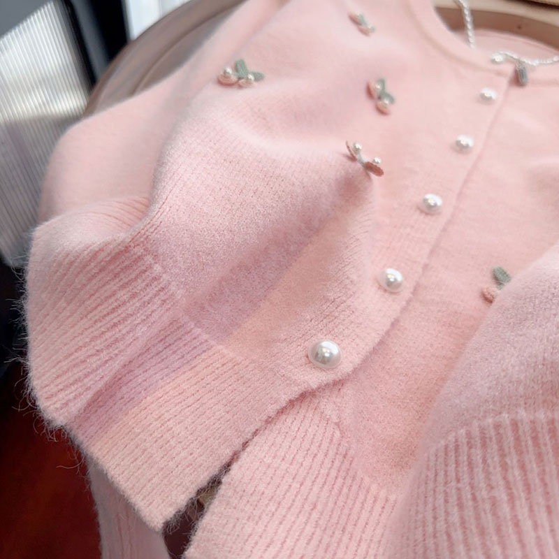 Rosa søte perler dekorerer genser cardigan dame koreansk trykk o-hals strikkegenser dame langermede matchende strikkede topper