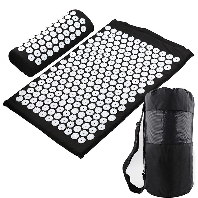 Massager Kussen Massage Mat Acupressuur Stress Terug Body Pijn Spike Mat Massage Yoga Mat: Black set with bag
