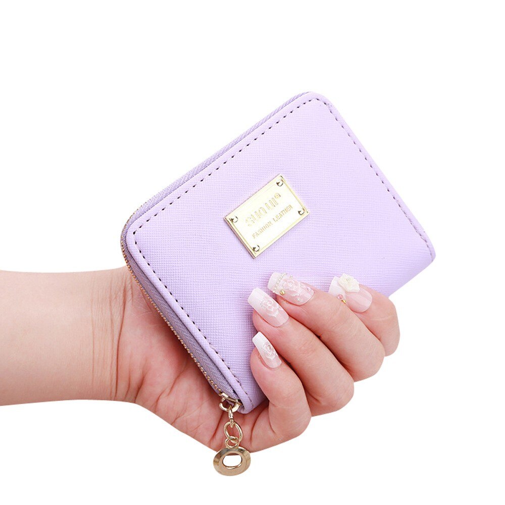 Cartera pequeña de cuero con cremallera para mujer, monedero pequeño con cremallera, bolso de mano, monedero de cuero para mujer, billetera pequeña # P30: Púrpura