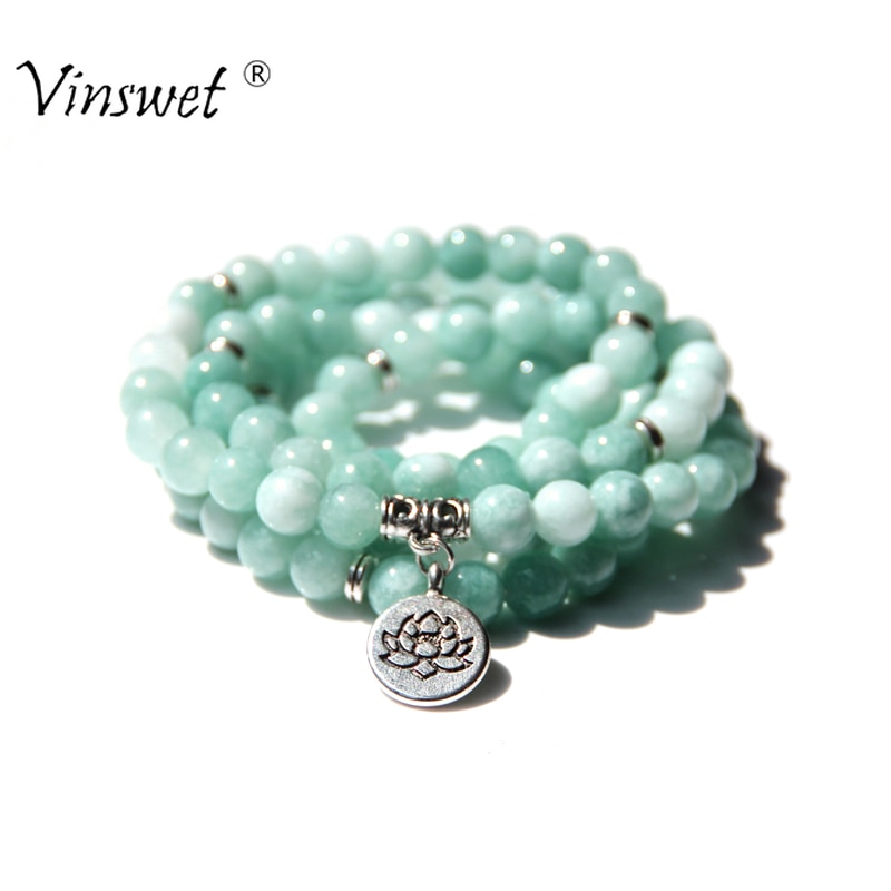 Woman Mala Necklace &amp; Bracelets For Femme Men Green Angelite Jades Yoga Long Pulsera Lotus 108 Stone Beads Bangle