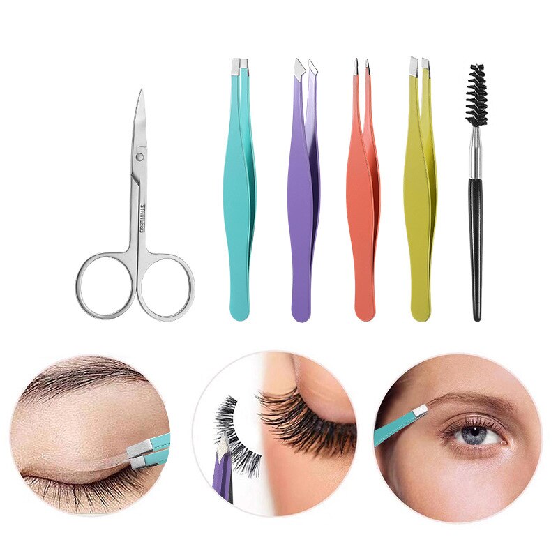 6 Stks/set Wenkbrauw Pincet Roestvrij Staal Wenkbrauw Pincet Kit 2 Kleuren Slant Tip/Flat Tip Ontharing Make-Up Tool kit Met Zak