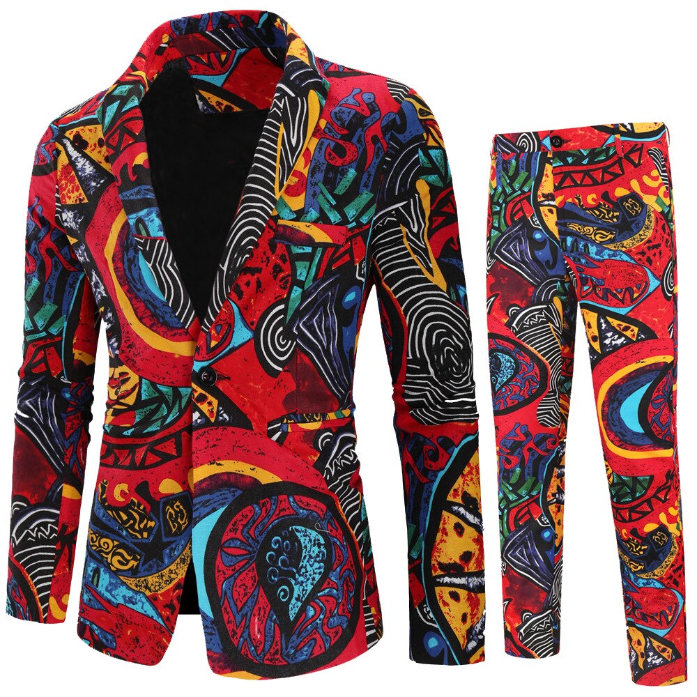 Safari Casual Printed Men Suits 2 Piece Blazers Pants Terno Costume Homme Slim Fit Wedding Jacket Suit Business Event Nightclub: Asian size XXL