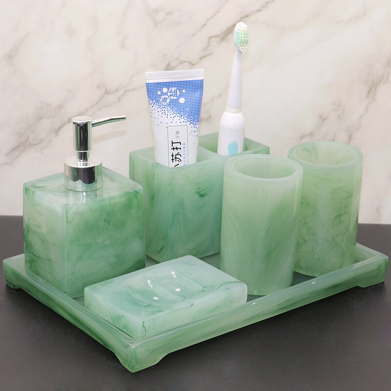 Ensemble d'accessoires de salle de bain vert Texture émeraude, fournitures de bain Imitation Jade, distributeur de savon Portable, tasse de bouche, outils de bain en résine
