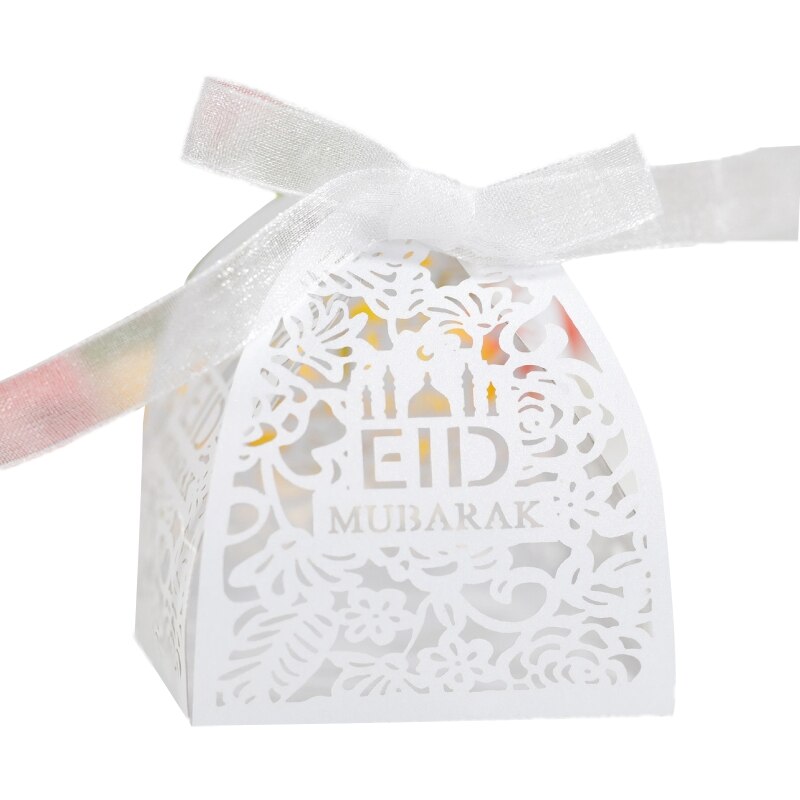 50pcs Eid Mubarak Candy Box Ramadan Decoration Hollow Wedding Party Favor Chocolate Boxes with Ribbons
