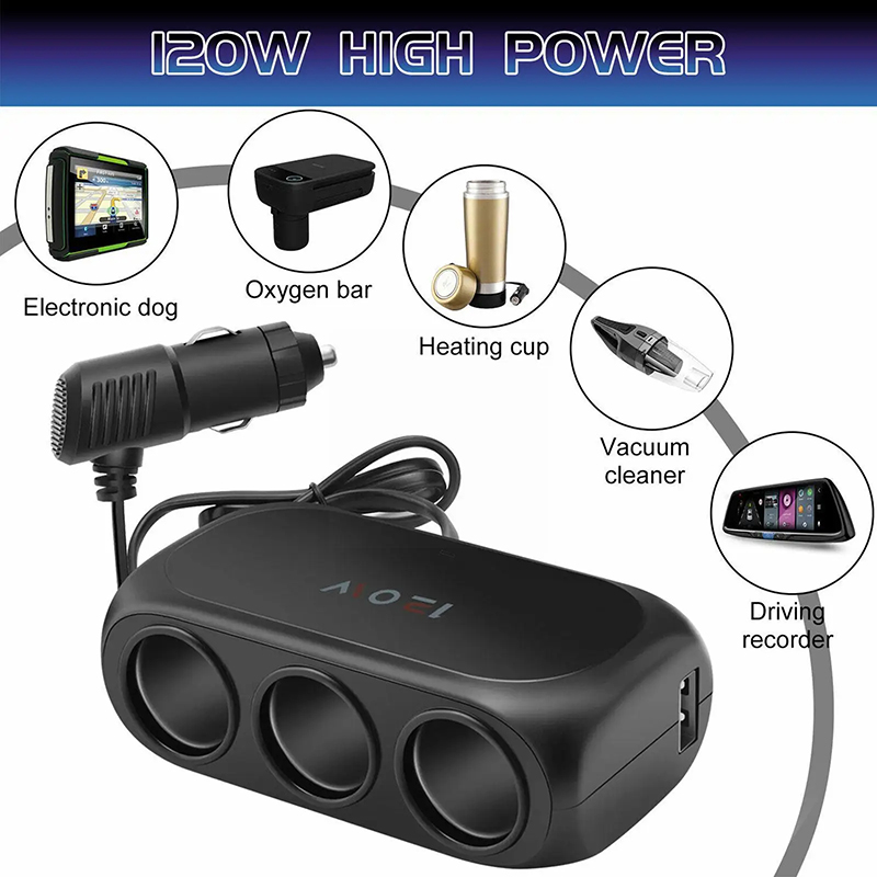 Encendedor de cigarrillos Universal de 120W, 12V, 24V, 3 vías, enchufe múltiple, cargador USB, adaptador Interior doble negro, divisor ABS, accesorio para coche