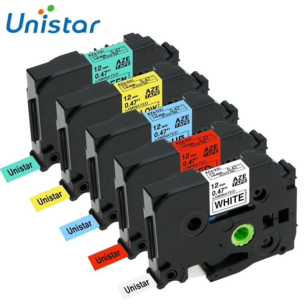 Unistar 5 Pcs Tze 231 TZ231 Compatibel Brother P-Touch Tze Tape 12 Mm Combo Set TZe231 431 531 631 741 Multi Kleuren Label Maker