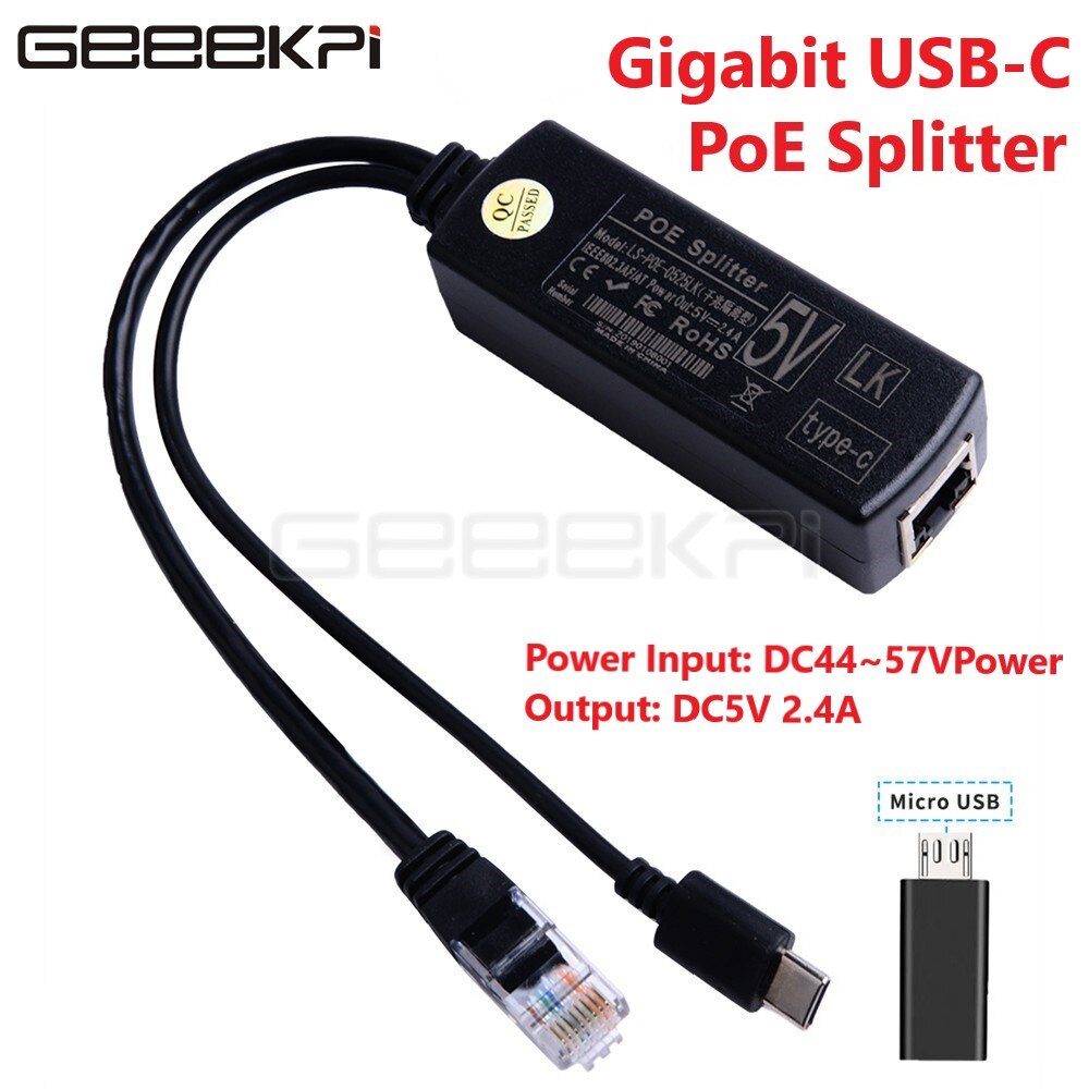 Divisor de POE Gigabit Micro USB tipo C, enchufe de alimentación sobre Ethernet IEEE 802.3af, extensión de interruptor PoE para Raspberry Pi NanoPi