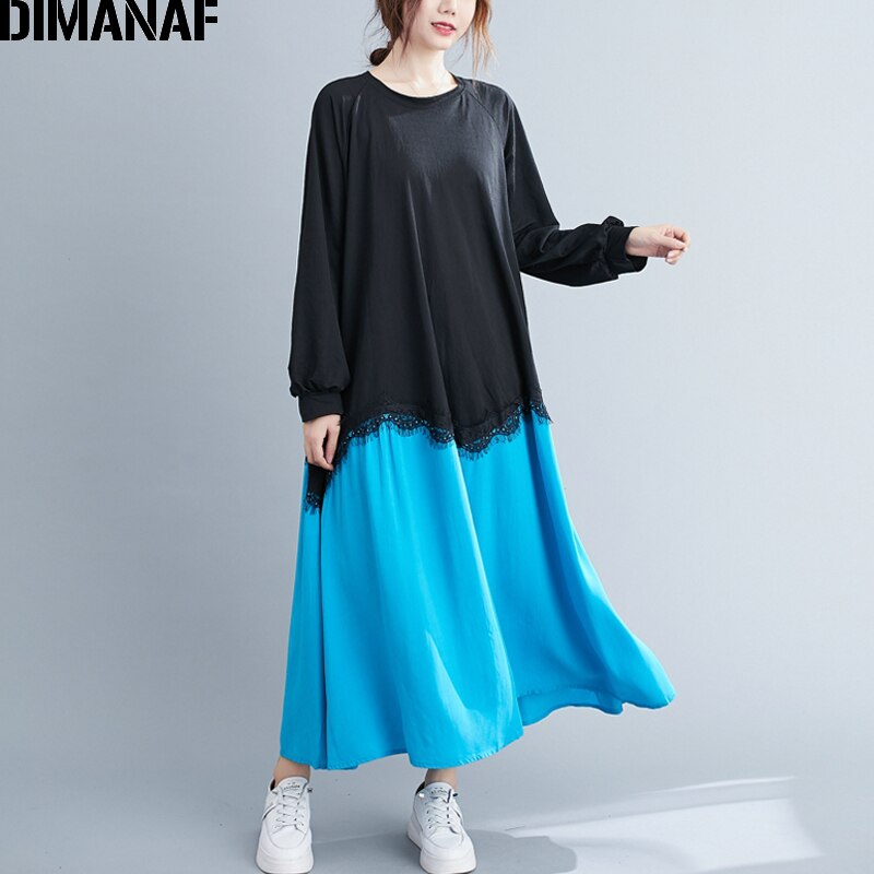 Dimanaf outono plus size vestido feminino a linha de renda emendado vestidos femininos elegante senhora vestido solto manga comprida vestido roupas