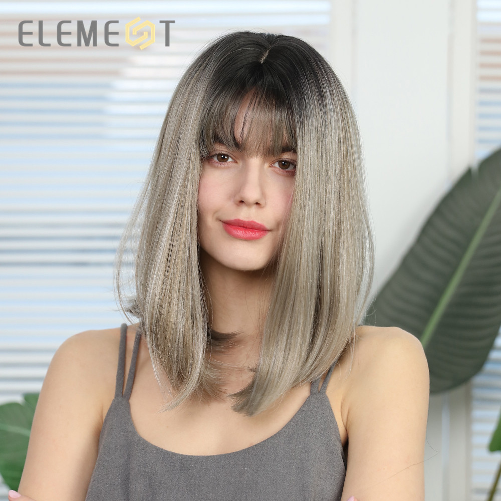 element krótki prosto pion peruki z grzywką Ombre czarny do herbata mleczna kolor peruki syntetyczne dla białych/czarnych kobiet