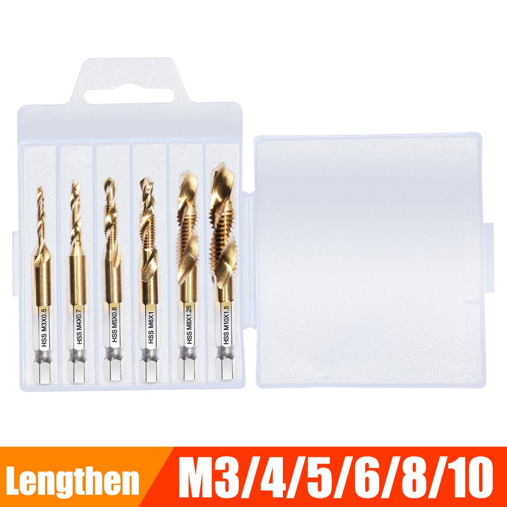 Metric Thread Tap Drill Bits Set Hex Shank HSS Titanium Plated Screw Thread Combination Drill Tap M3 M4 M5 M6 M8 M10 Hand Tools: 6 PCS Gold Lengthen