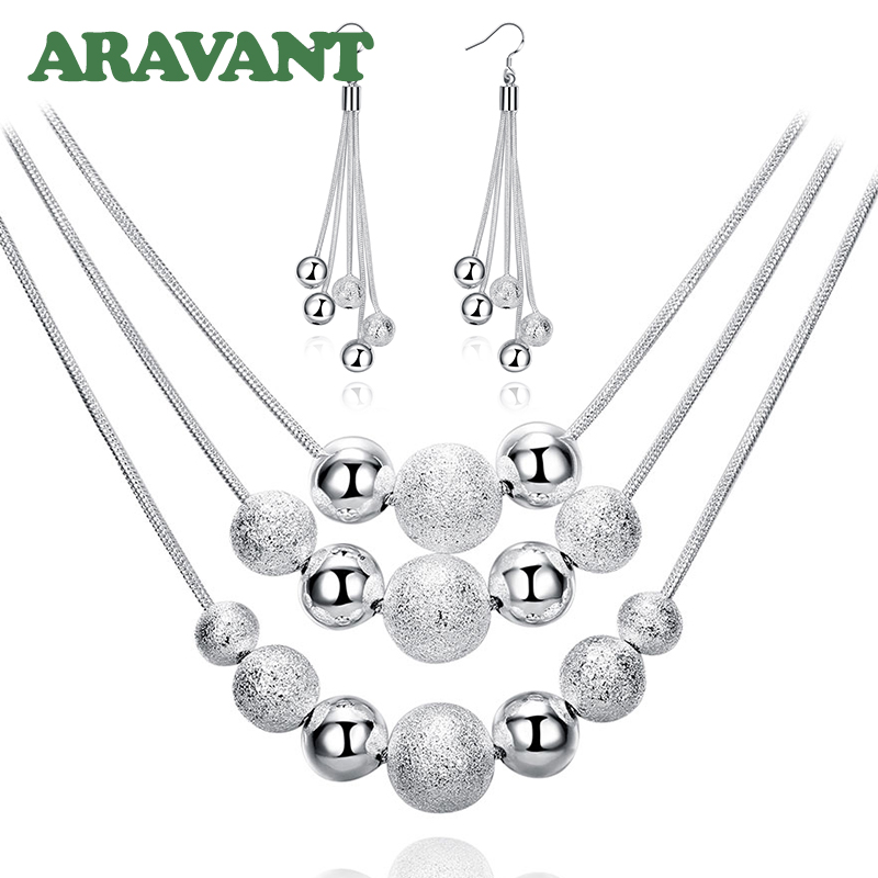 925 silber Schmuck setzt 3 Schicht Peeling & Glatte Perlen Schlange Kette Halskette Ohrringe Für Frauen Hochzeit