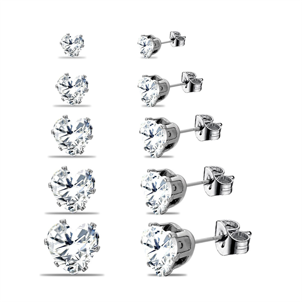 Set van 10 glanzende oorbellen met zirkonia steentjes, bezet met kubische zirkonia, voor dames en heren, unisex, goudkleurige legering, eenvoudige feestelijke oorbellen.: Verzilverd