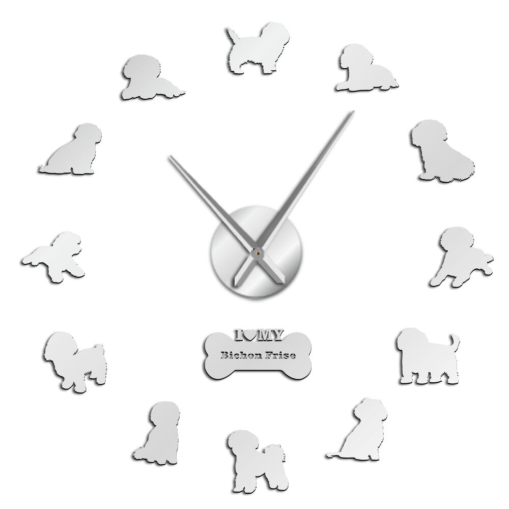 Bichon Frise Dog Breed Pug DIY Wall Clock Modern Wall Watches Animal Pet Decorative Large Big Clock Wall Sticker 3D Clock: Silver / 47inch