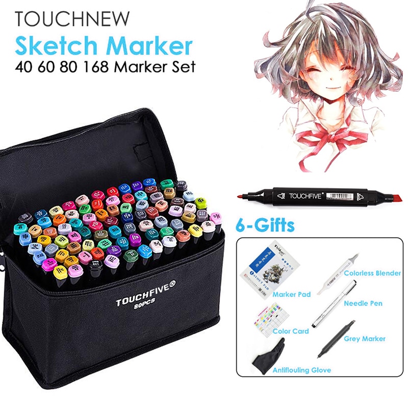 TOUCHNEW Marker Stift 40/60/80/168 Farbe einstellen Zeichnung Skizze Marker Alkohol Basiert Schwarz Körper Kunst liefert Mit 6