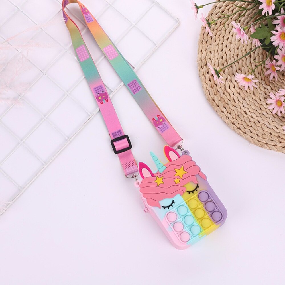 Push bubble pop it fidget mini enhjørning veske,nøkkelveske liten veske fidget sanseleker crossbody veske skulderveske barneleke