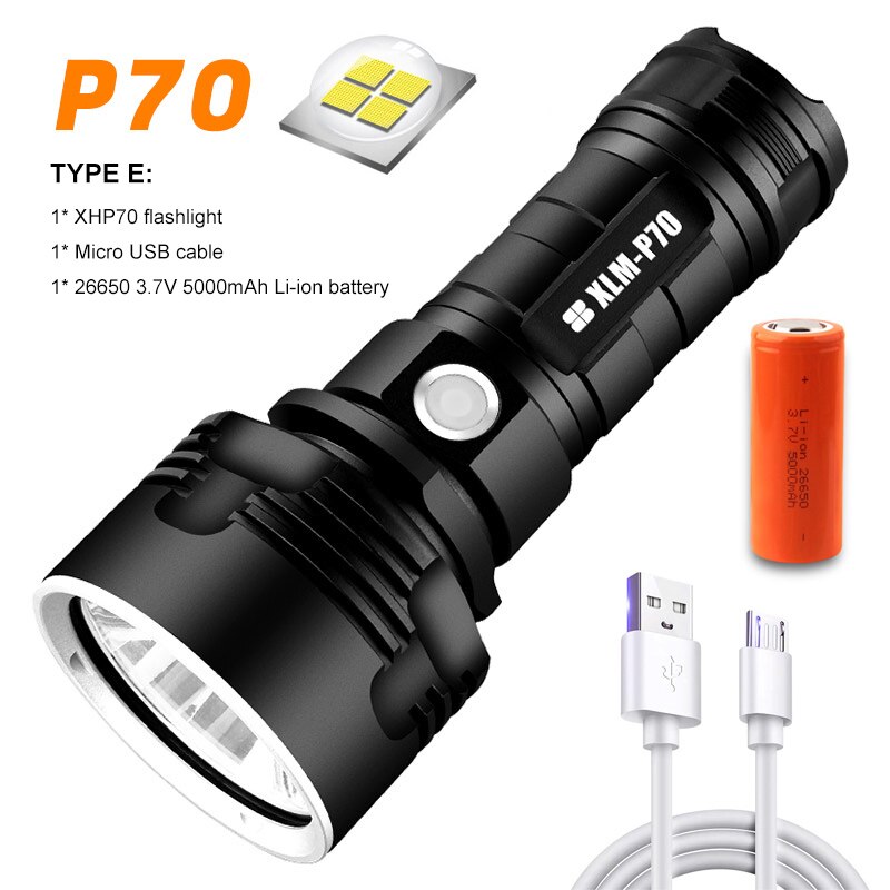 Linterna LED súper potente, linterna resistente al agua, linterna recargable por USB CREE XHP70, linterna Ultra brillante para acampar y cazar: TYPE E-P70.2