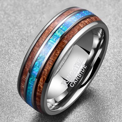 8mm Classic Hawaiian Koa Wood Colorful Opal Tungsten Carbide Ring Jewelry Dome Polished Men&#39;s Wedding Bands Rings: 11.5