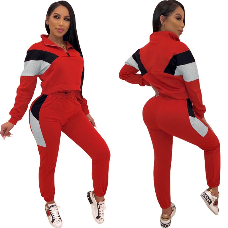 Winter Frauen Sport 2 Stück Trainingsanzug Farbe Patchwork Volle Hülse Drehen-unten Kragen Sweatshirt Hosen Casual Sweatsuit Outfits: Rot / L