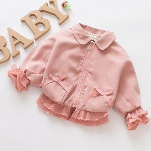 Imcute Baby Meisje Mode Jassen Kant Bloemblaadjes Boog Lange Mouw Rits Pop Kraag Herfst Jassen: Roze / 4T