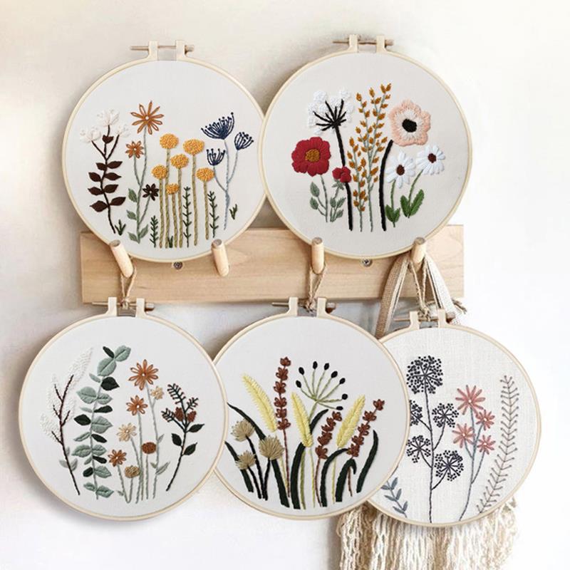 Conjunto de bordado con patrón de flores, herramientas de costura impresas para principiantes, Kit de bordado redondo de punto de cruz, Kit de artesanía de costura, decoración