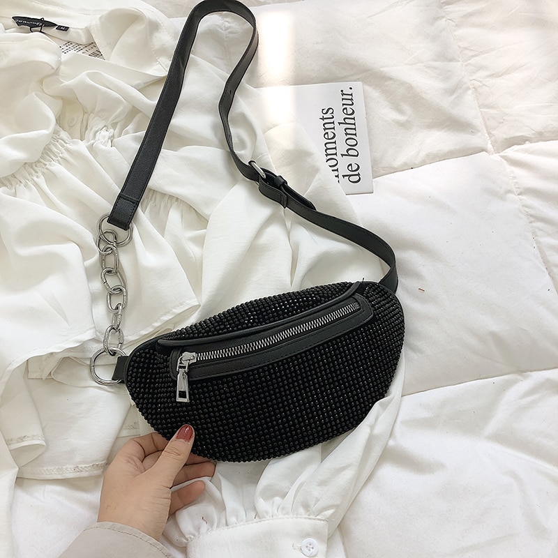 Women Waist Bags Diamonds Ladies Fanny Pack Chest Bag Banana Rhinestone Chain Crossbody Shoulder Bags Belt Bag