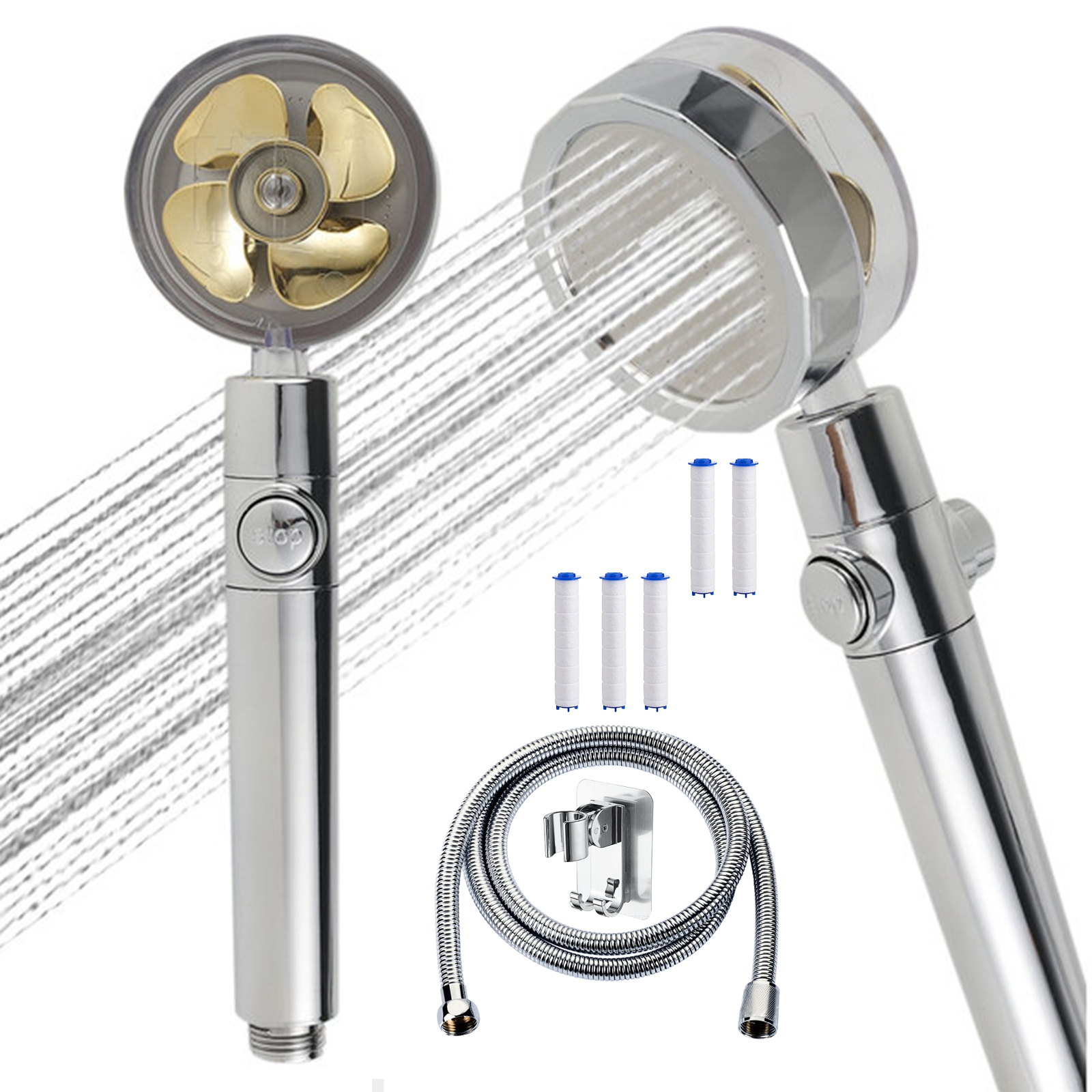8Pcs Neerslag Turbo Douchekop Set Hoge Druk Regendouche Gedraaid Turbocharged Douche Met Ventilator 5 Filter Slang rack: 8PCS Golden