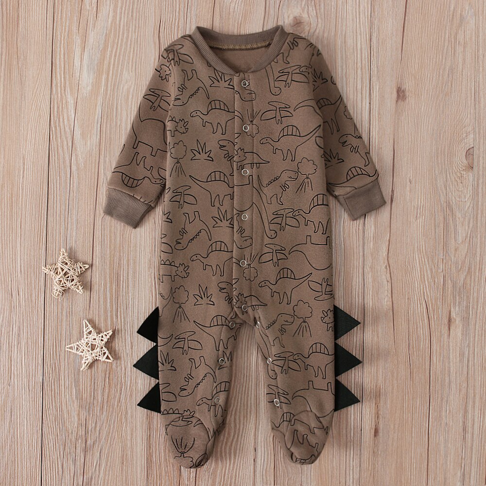 Baby Winter Betaalde Jumpsuit, Cartoon Dinosaurus Lange Mouwen Footies Footies Met Knoppen Voor Peuter Jongens, 2 Kleuren