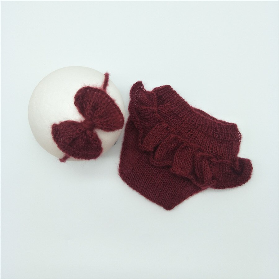 Pasgeboren Mohair Slipje Set Pasgeboren Slipje Bloeiers met Ruches en Bijpassende Hoofdband Pasgeboren Rekwisieten Baby Fotografie Props: wine red