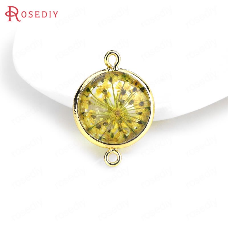 (C828)6 pieces 14x20mm 24K Gold Color Brass and Glass 2 Holes + Dried Flower Round Connect Charms Pendants Diy Jewelry Findings: 35620