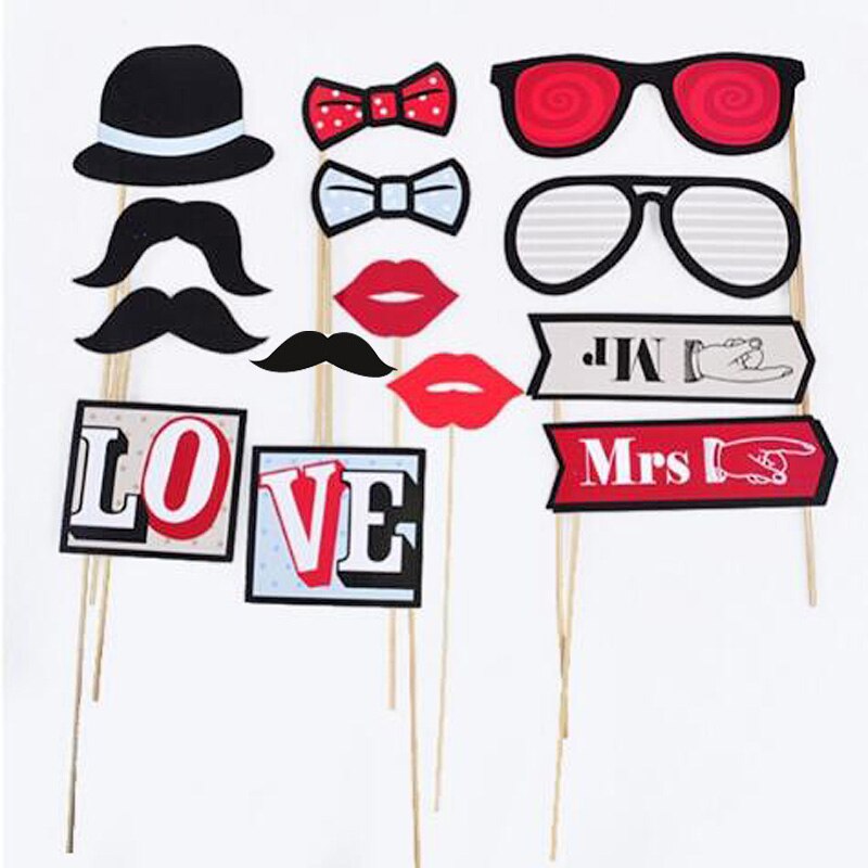 14pcs/set Wedding Party Photo Props Mask Set Beard Hat Glasses Lips Bow Tie Party Decoration Photo Props: Default Title