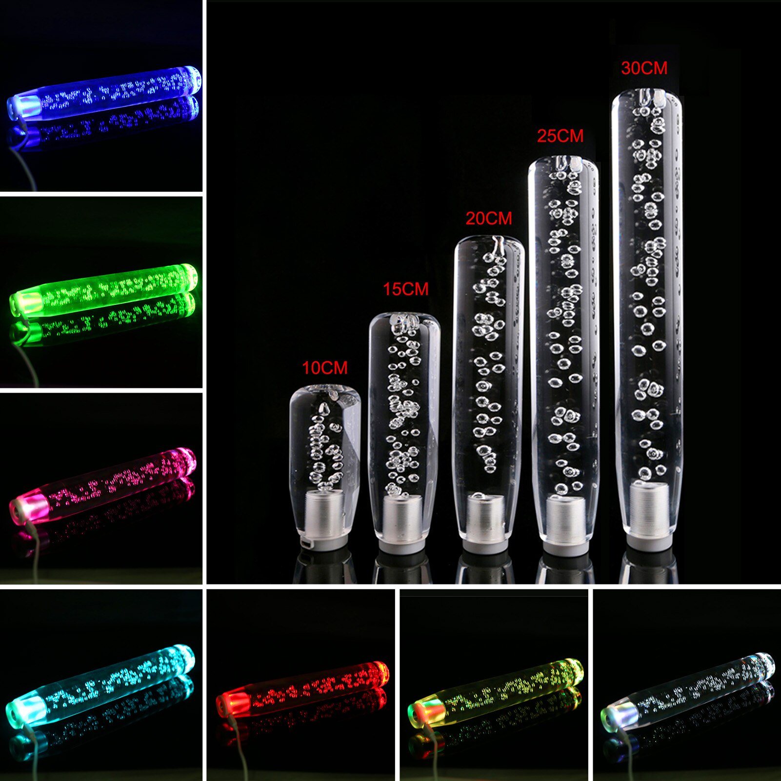 Led lys rgb skift knap stick krystal gennemsigtig boble gear shifter 10cm/15cm/20cm/25cm/30cm multicolor gradient shift knop
