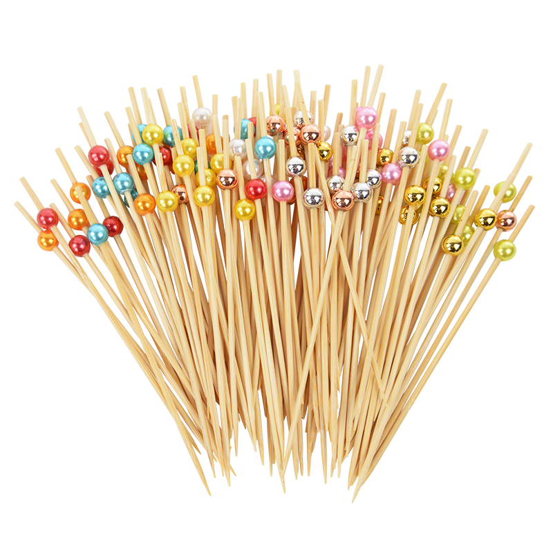 100 stks Bruiloft Parel Wegwerp Spiesjes Voedsel Fruit Picks Bamboe Cocktail Buffet Taart Tandenstoker Bruiloft Verjaardag Benodigdheden: Fluorescentie Geel